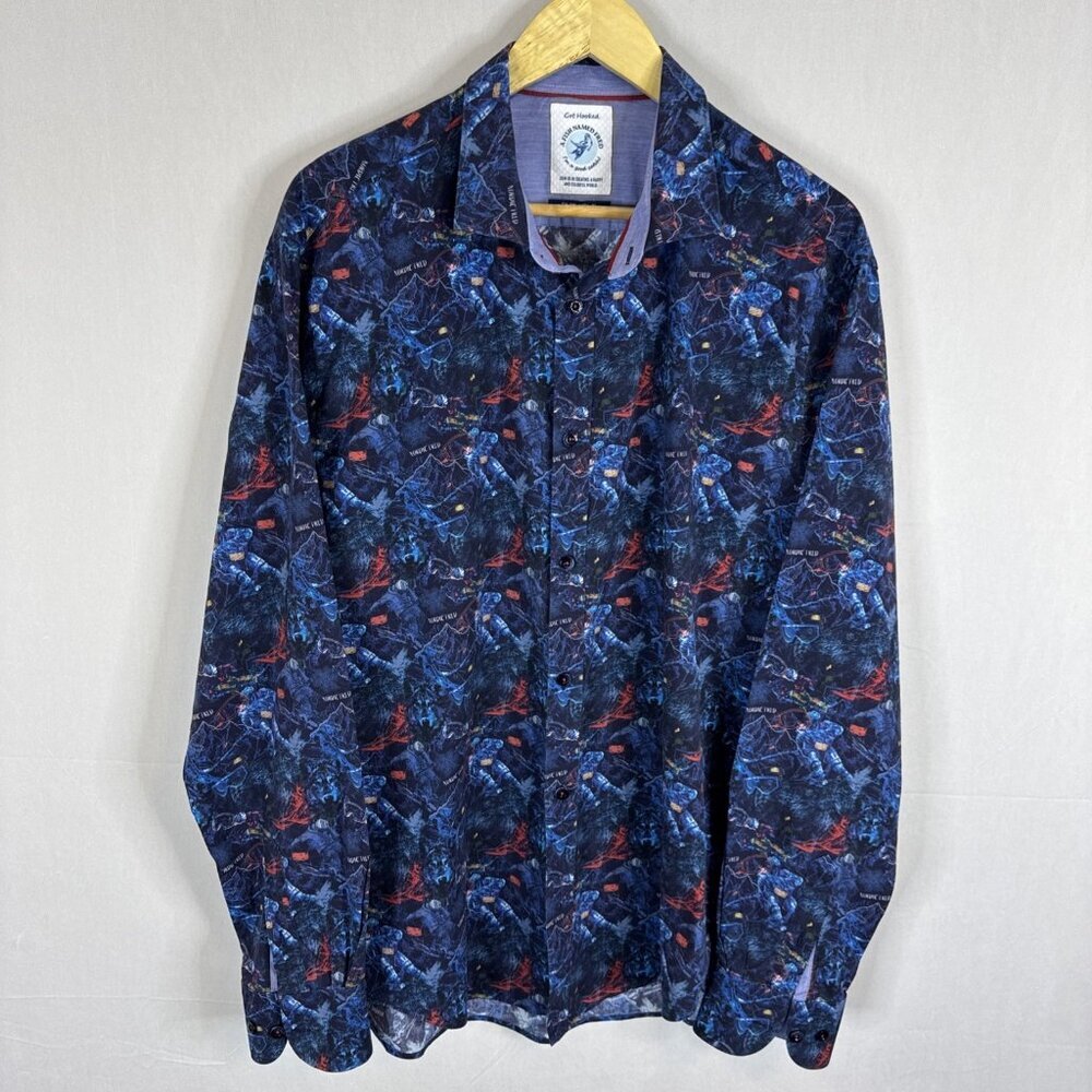 A‎ Fish Named Fred Nordic Ski Print Shirt Men’s XL EU 2XL Long Sleeve Button Up